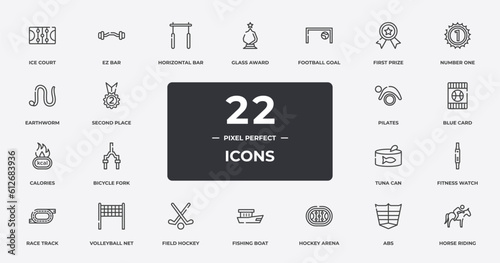 sports outline icons set. thin line icons sheet included ice court, horizontal bar, football goal, number one, blue card, volleyball net, abs, horse riding vector.