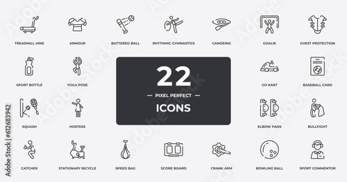 sports outline icons set. thin line icons sheet included treadmill hine, battered ball, canoeing, chest protection, baseball card, stationary bicycle, bowling ball, sport commentor vector.