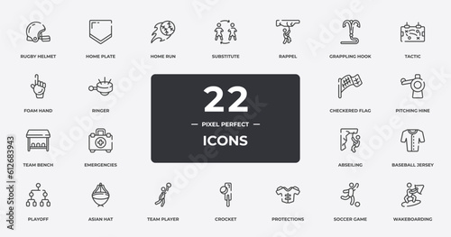 x treme outline icons set. thin line icons sheet included rugby helmet, home run, rappel, tactic, pitching hine, asian hat, soccer game, wakeboarding vector.