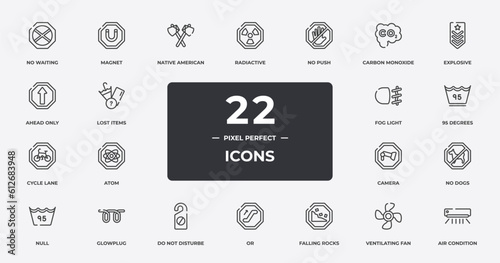 hotel signals outline icons set. thin line icons sheet included no waiting, native american axes, no push, explosive, 95 degrees, glowplug, ventilating fan, air condition vector.