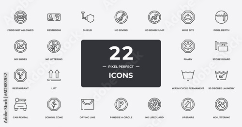 indications outline icons set. thin line icons sheet included food not allowed, shield, no bomb jump, pool depth, store board, school zone, upstairs, no littering vector.