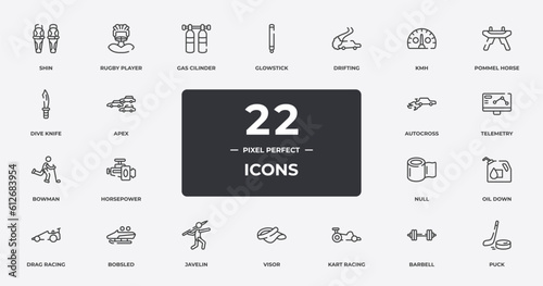 winter sports outline icons set. thin line icons sheet included shin, gas cilinder, drifting, pommel horse, telemetry, bobsled, barbell, puck vector.