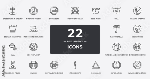 indications outline icons set. thin line icons sheet included cross stuck in ground, smoke zone, cold wash, walking up stair, sos warning, swings, information, walking downstairs vector.