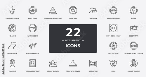 signals outline icons set. thin line icons sheet included carousel horse, pyramidal structure, hot iron, shock, decorative, woman portrait, null, round traffic vector.