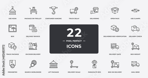 logistic delivery instructions outline icons set. thin line icons sheet included use hook, container hanging, delivering, use clamps, delivery check, search worldwide, box on delivery scale, mail