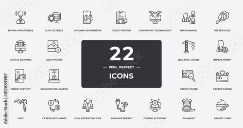 general outline icons set. thin line icons sheet included brand awareness, in-game advertising, computing technology, hr services, impeachment, crypto-exchange, filament, beauty care vector.