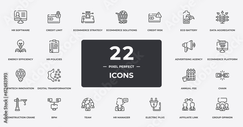 general outline icons set. thin line icons sheet included hr software, ecommerce strategy, credit risk, data aggregation, ecommerce platform, bpm, affiliate link, group opinion vector.