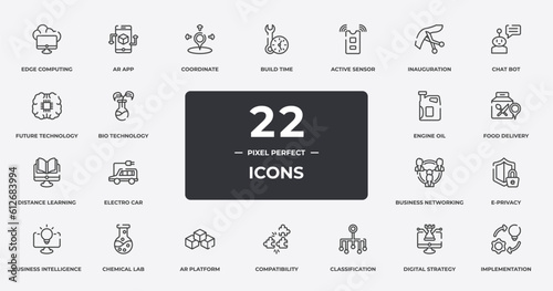 general outline icons set. thin line icons sheet included edge computing, coordinate, active sensor, chat bot, food delivery, chemical lab, digital strategy, implementation vector.