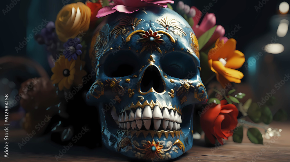 Naklejka premium Ritual Mexican skull decorated with colorful flowers, straight view.