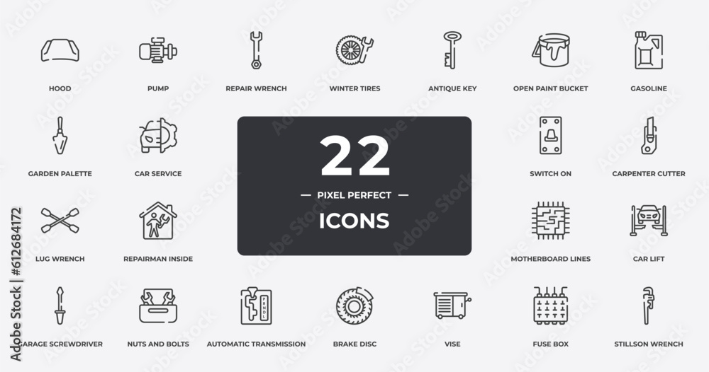 toolbox outline icons set. thin line icons sheet included hood, repair wrench, antique key, gasoline, carpenter cutter, nuts and bolts, fuse box, stillson wrench vector. toolbox outline icons set. thin line icons sheet included hood, repair wrench, antique key, gasoline, carpenter cutter, nuts and bolts, fuse box, stillson wrench vector.