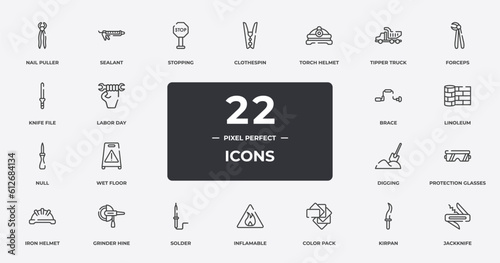 construction elements outline icons set. thin line icons sheet included nail puller, stopping, torch helmet, forceps, linoleum, grinder hine, kirpan, jackknife vector.