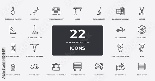 car parts outline icons set. thin line icons sheet included gardening palette, wrench and nut, cleaning mop, shears, radiation, windshield, side mirror, condenser vector.