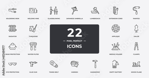 diy outline icons set. thin line icons sheet included soldering iron, glassblowing, lumberjack, painted, tailor, glue gun, empty battery, wood plane vector.