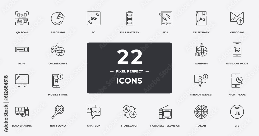 mobile interface outline icons set. thin line icons sheet included qr scan, 5g, pda, outgoing, airplane mode, not found, radar, lte vector. mobile interface outline icons set. thin line icons sheet included qr scan, 5g, pda, outgoing, airplane mode, not found, radar, lte vector.