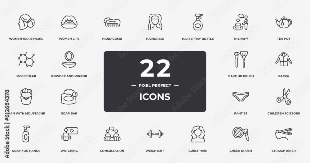 beauty outline icons set. thin line icons sheet included women hairstyling, hand comb, hair spray bottle, tea pot, parka, watching, cheek brush, straightener vector.