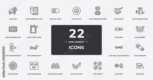 car parts outline icons set. thin line icons sheet included car lock, car fog lamp, connecting rod, carburettor, bonnet, dashboard, sump, roof vector.