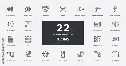 cinema outline icons set. thin line icons sheet included slow motion, tragedy, ventriloquist, film director, sound effect, movie film, hitman, zoetrope vector.