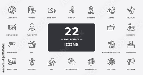 marketing outline icons set. thin line icons sheet included allocation, gold ingot, detective, volatility, accredited, diversify, free trade, bullhorn vector.