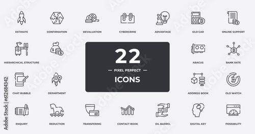 business outline icons set. thin line icons sheet included estimate, devaluation, advantage, online support, bank rate, reduction, digital key, possibility vector.