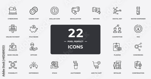 business outline icons set. thin line icons sheet included cybercrime, dollar coin, refund, water dispenser, yen, difference, retailer, confirmation vector.