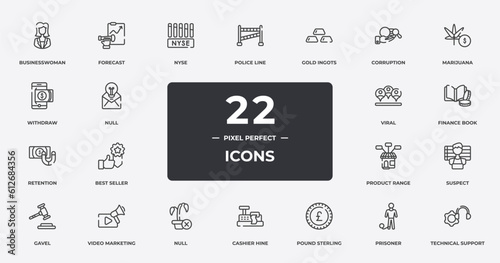 seo and business outline icons set. thin line icons sheet included businesswoman, nyse, gold ingots, marijuana, finance book, video marketing, prisoner, technical support vector. photo