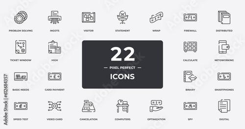 blockchain outline icons set. thin line icons sheet included problem solving, visitor, wrap, distributed, netoworking, video card, spy, digital vector.