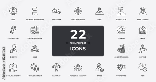 economy outline icons set. thin line icons sheet included rise, piggybank, limit, peer to peer, wage, mobile payment, cooperate, yen vector.