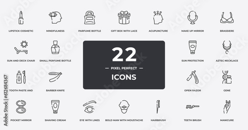 beautiful outline icons set. thin line icons sheet included lipstick cosmetic, parfume bottle, acupuncture, brassiere, aztec necklace, shaving cream, teeth brush, manicure vector.