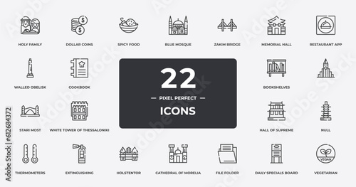 restaurant elements outline icons set. thin line icons sheet included holy family, spicy food, zakim bridge, restaurant app, , extinguishing, daily specials board, vegetarian vector.