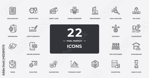 taxes outline icons set. thin line icons sheet included explanation, debit card, department, pin code, commission, facilities, budgeting, sand clock vector.