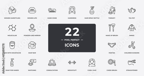beauty outline icons set. thin line icons sheet included women hairstyling, hand comb, hair spray bottle, tea pot, parka, watching, cheek brush, straightener vector.