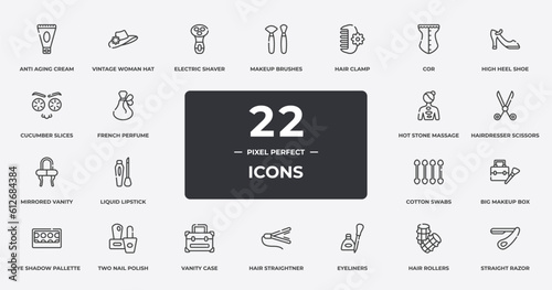 beauty salon outline icons set. thin line icons sheet included anti aging cream, electric shaver for women, hair clamp, high heel shoe, hairdresser scissors, two nail polish, hair rollers, straight