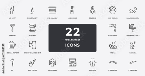 make up outline icons set. thin line icons sheet included lip matt, eye shadow, cologne, brachioplasty, operating table, nail color, eyelashes, eyebrows vector.