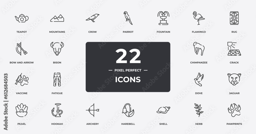 wildlife outline icons set. thin line icons sheet included teapot, crow, fountain, rug, crack, hookah, herb, pawprints vector.