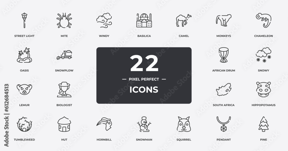 winter nature outline icons set. thin line icons sheet included street light, windy, camel, chameleon, snowy, hut, pendant, pine vector.