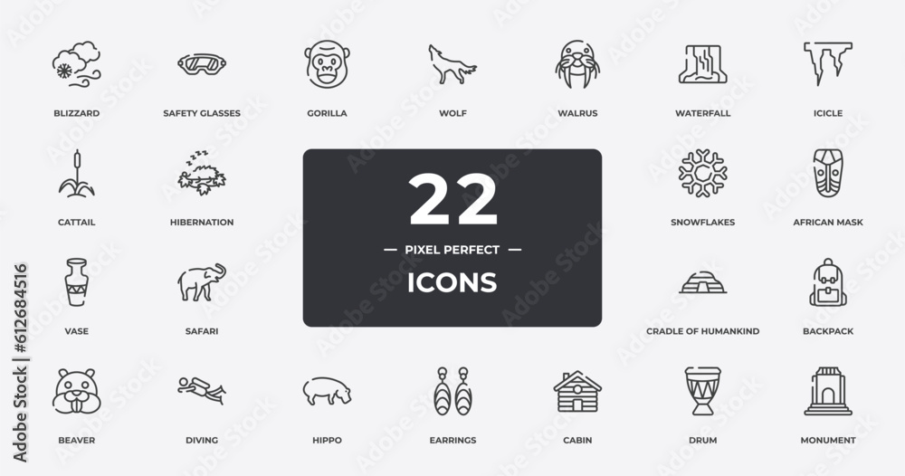 africa outline icons set. thin line icons sheet included blizzard, gorilla, walrus, icicle, african mask, diving, drum, monument vector.