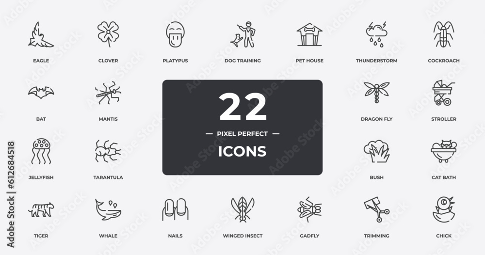 nature outline icons set. thin line icons sheet included eagle, platypus, pet house, cockroach, stroller, whale, trimming, chick vector.