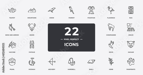wildlife outline icons set. thin line icons sheet included teapot, crow, fountain, rug, crack, hookah, herb, pawprints vector.