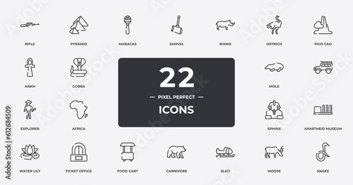 animals outline icons set. thin line icons sheet included rifle, maracas, rhino, pico cao, , ticket office, moose, snake vector.