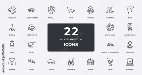 africa outline icons set. thin line icons sheet included blizzard, gorilla, walrus, icicle, african mask, diving, drum, monument vector.