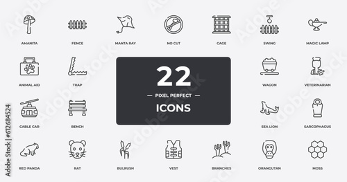 wildlife outline icons set. thin line icons sheet included amanita, manta ray, cage, magic lamp, veterinarian, rat, orangutan, moss vector.