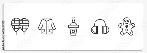 winter outline icons set. thin line icons sheet included snowshoes, winter clothes, hot drink, earmuffs, gingerbread man vector.