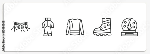 winter outline icons set. thin line icons sheet included lights, snowsuit, turtleneck sweater, snow boot, snow globe vector.