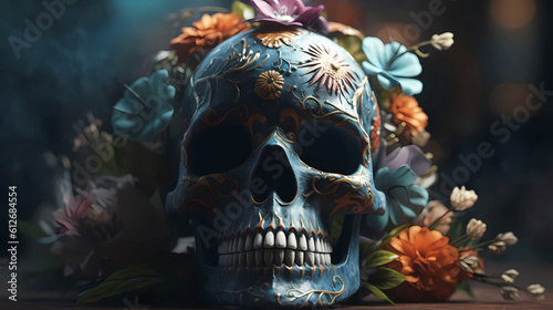 Ritual Mexican skull decorated with colorful flowers, straight view. © ArturSniezhyn