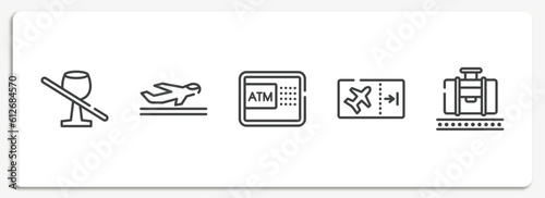 airport and travel outline icons set. thin line icons sheet included no drinks, departures, automated teller hine, boarding ticket, baggage claim vector.