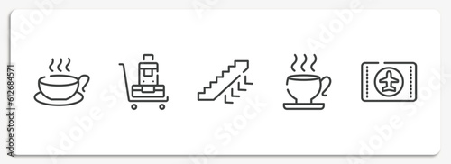 in the frontier outline icons set. thin line icons sheet included cup of hot coffee, luggage trolley, ors down, teacup, airplane flight card vector.
