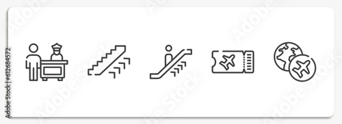 airport and travel outline icons set. thin line icons sheet included customs control, ors up, upwards or, flight ticket, travelling globe vector.