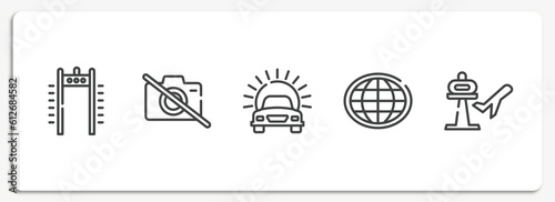holidays outline icons set. thin line icons sheet included airport security portal, no photos, car in front of the sun, earth globe, airport vector.