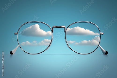 Sky view through eyeglasses. Eyeglasses in the sky. Blurry background. Vision concept. Generative AI