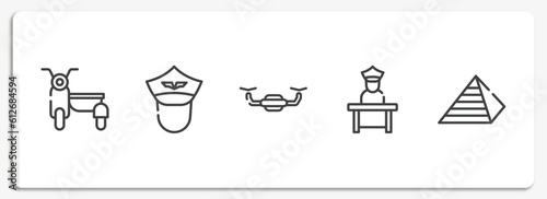 airport outline icons set. thin line icons sheet included sidecar, pilot of airplane, unmanned, airport worker, null vector.